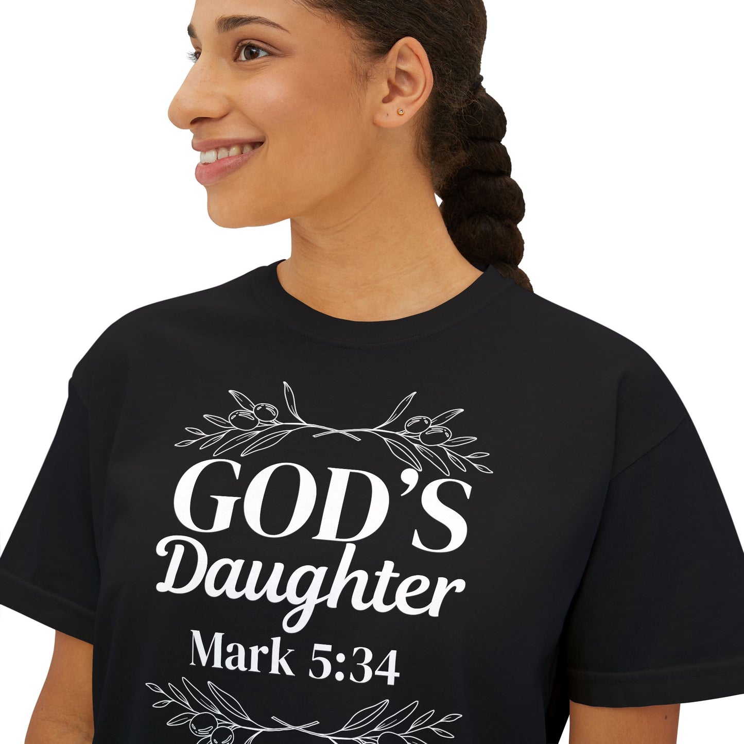 God's Daughter Boxy Tee — Mark 5:34 Faith T‑Shirt