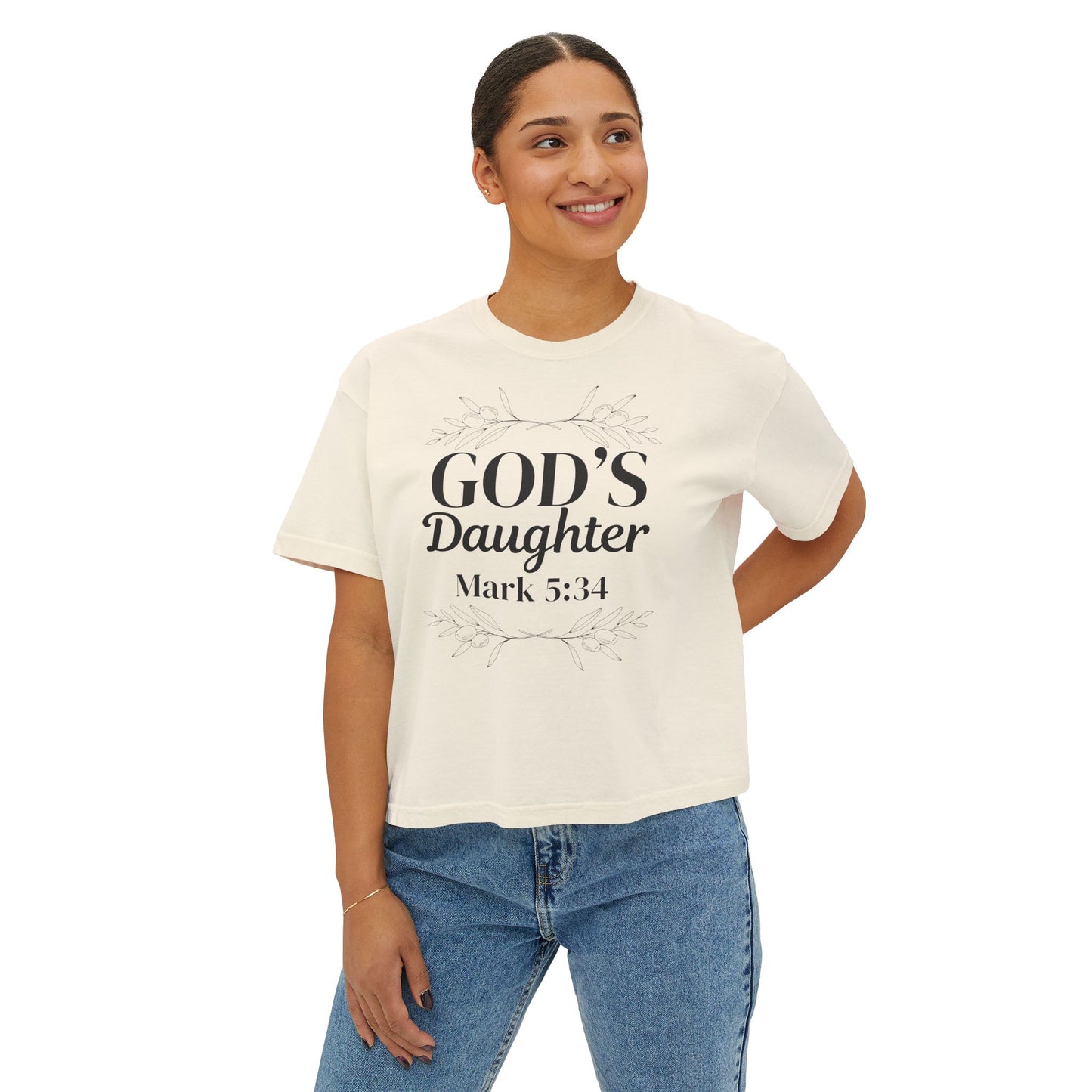 God's Daughter Boxy Tee — Mark 5:34 Faith T‑Shirt