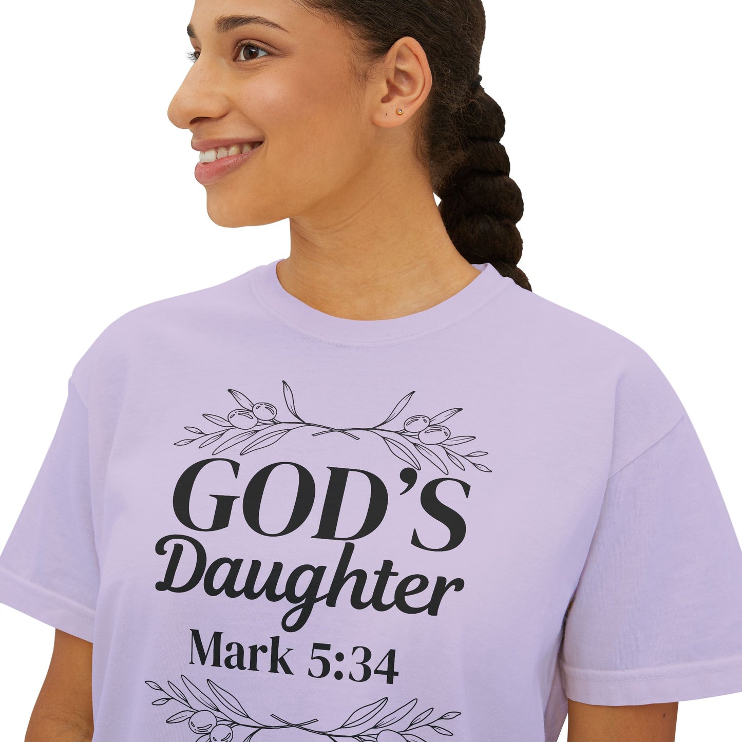 God's Daughter Boxy Tee — Mark 5:34 Faith T‑Shirt