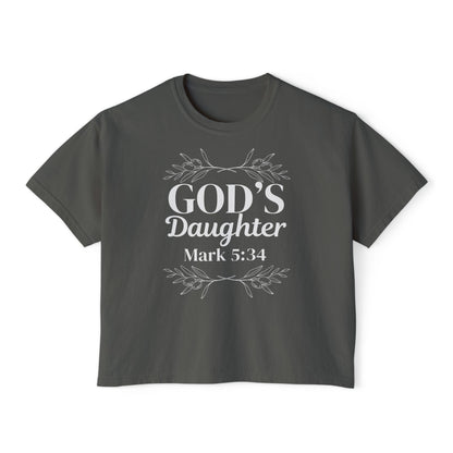 God's Daughter Boxy Tee — Mark 5:34 Faith T‑Shirt