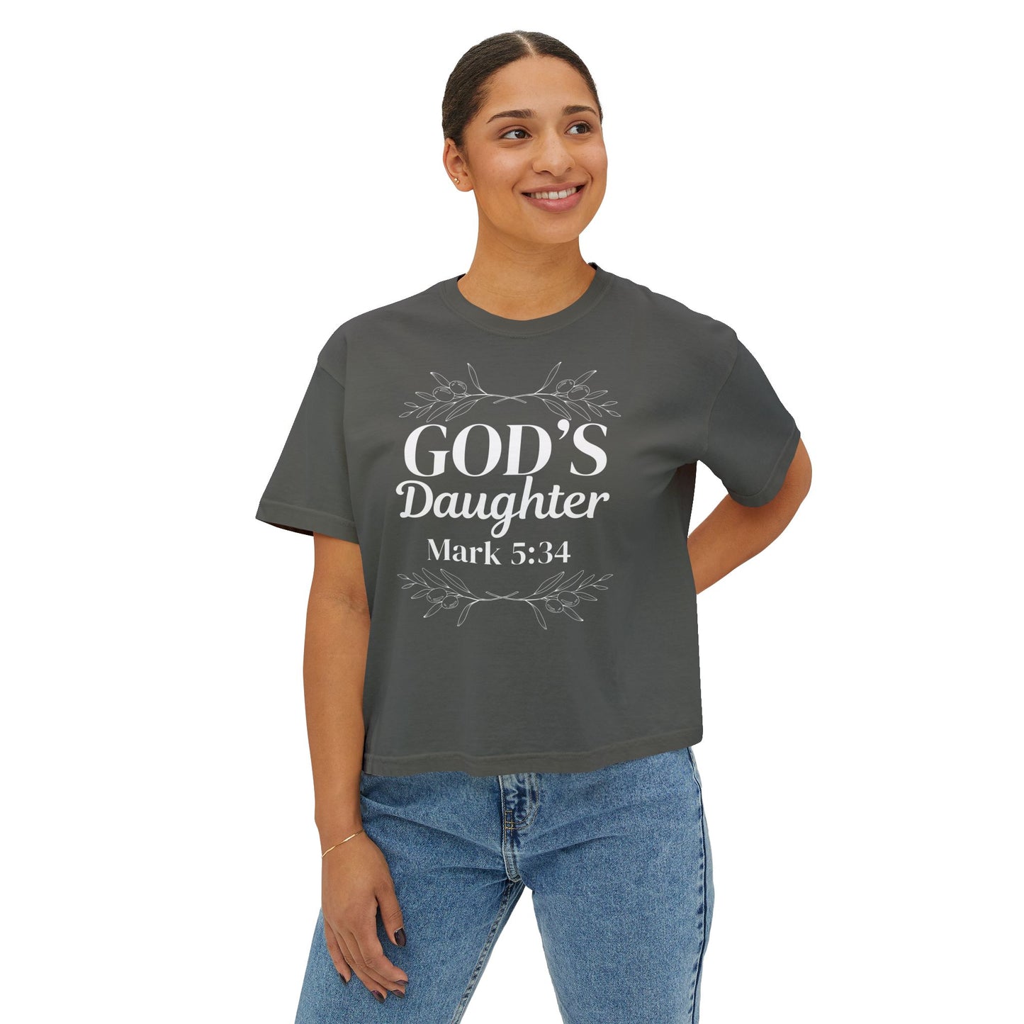 God's Daughter Boxy Tee — Mark 5:34 Faith T‑Shirt