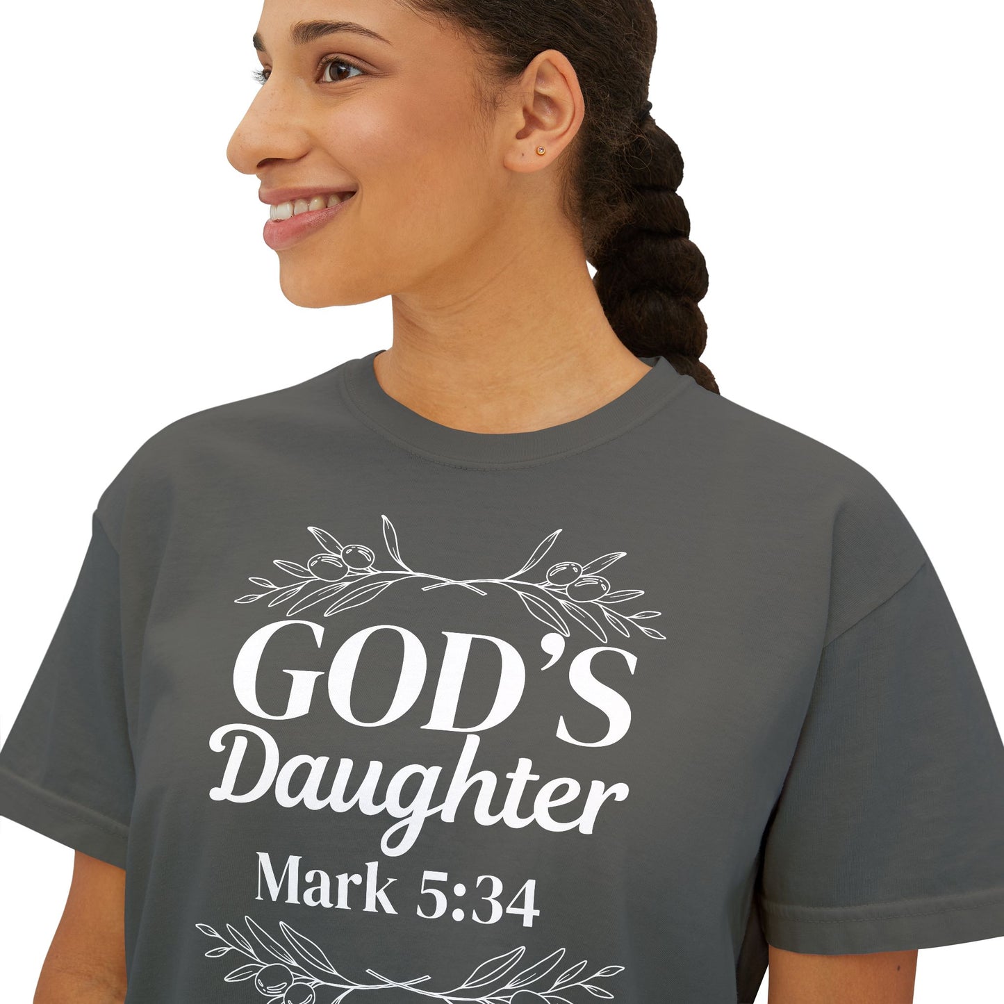 God's Daughter Boxy Tee — Mark 5:34 Faith T‑Shirt