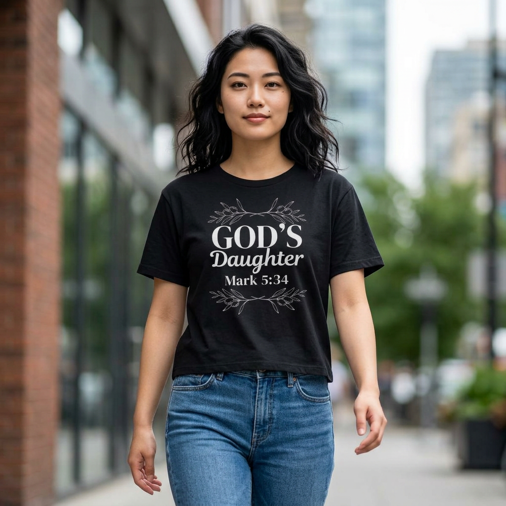 God's Daughter Boxy Tee — Mark 5:34 Faith T‑Shirt
