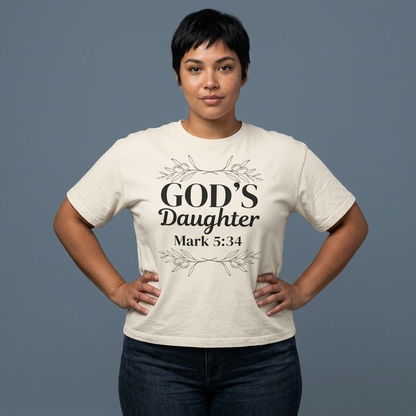 God's Daughter Boxy Tee — Mark 5:34 Faith T‑Shirt