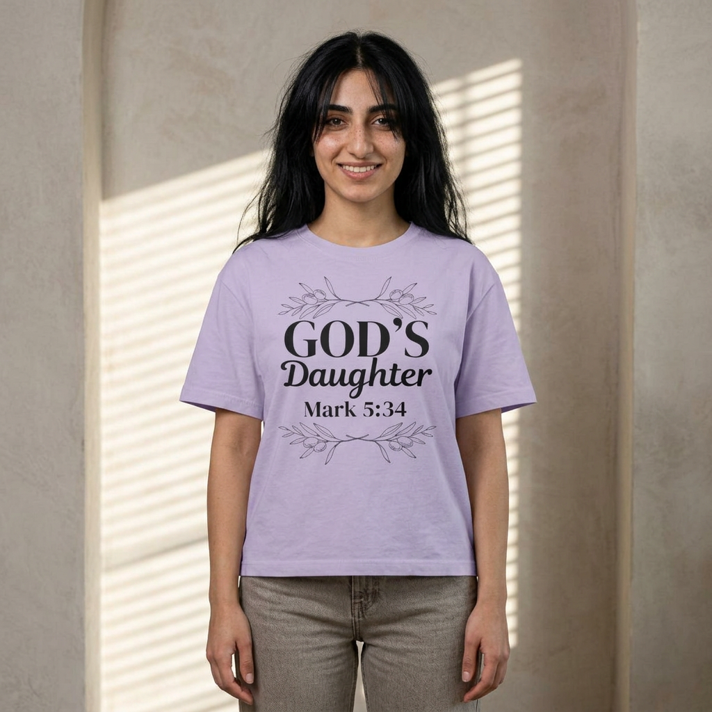 God's Daughter Boxy Tee — Mark 5:34 Faith T‑Shirt