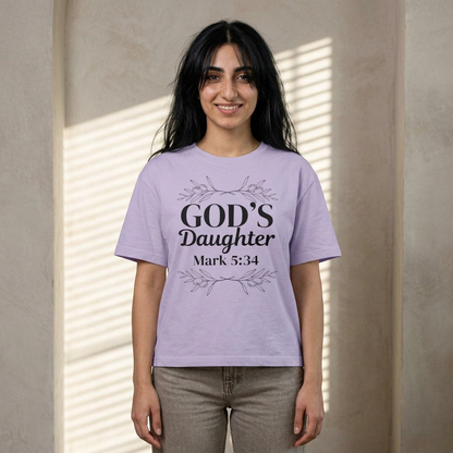 God's Daughter Boxy Tee — Mark 5:34 Faith T‑Shirt