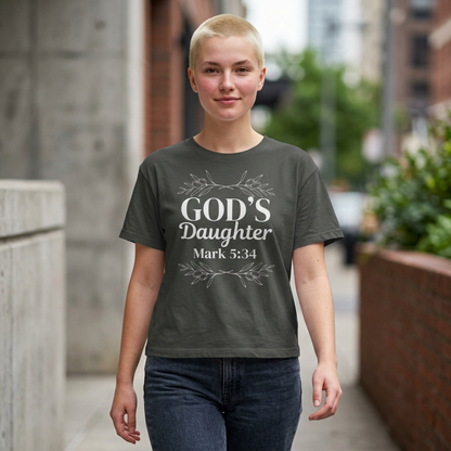 God's Daughter Boxy Tee — Mark 5:34 Faith T‑Shirt