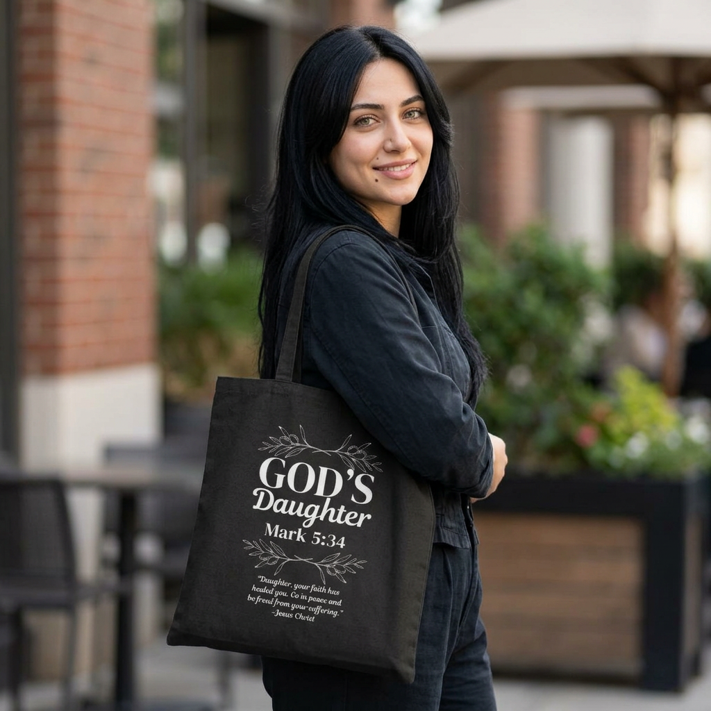 God's Daughter Tote Bag — Faith-Based Scripture Mark 5:34