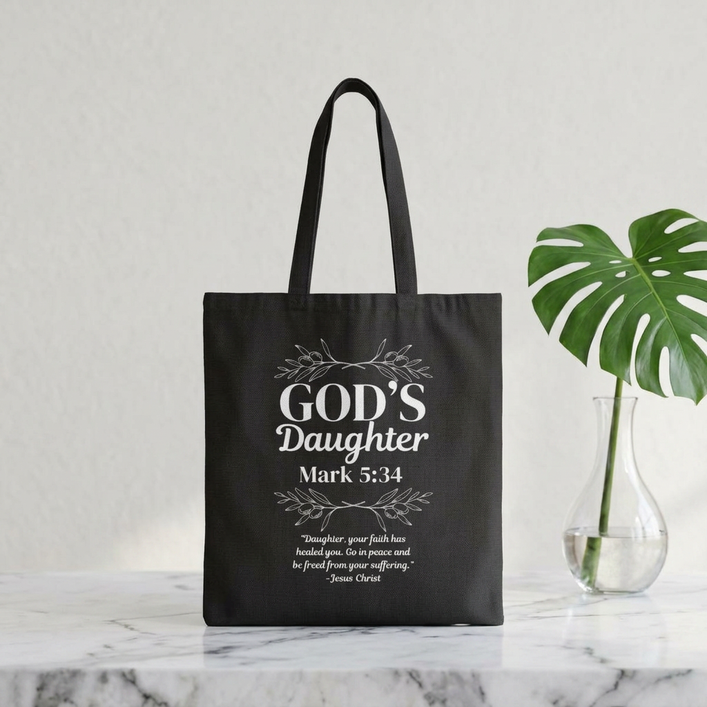 God's Daughter Tote Bag — Faith-Based Scripture Mark 5:34