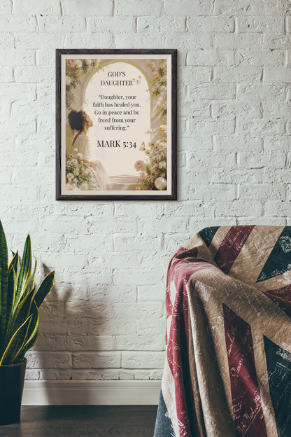 "God's Daughter" Mark 5:34 Rolled Poster Inspirational Faith-based Scripture Wall Art for Christian Women