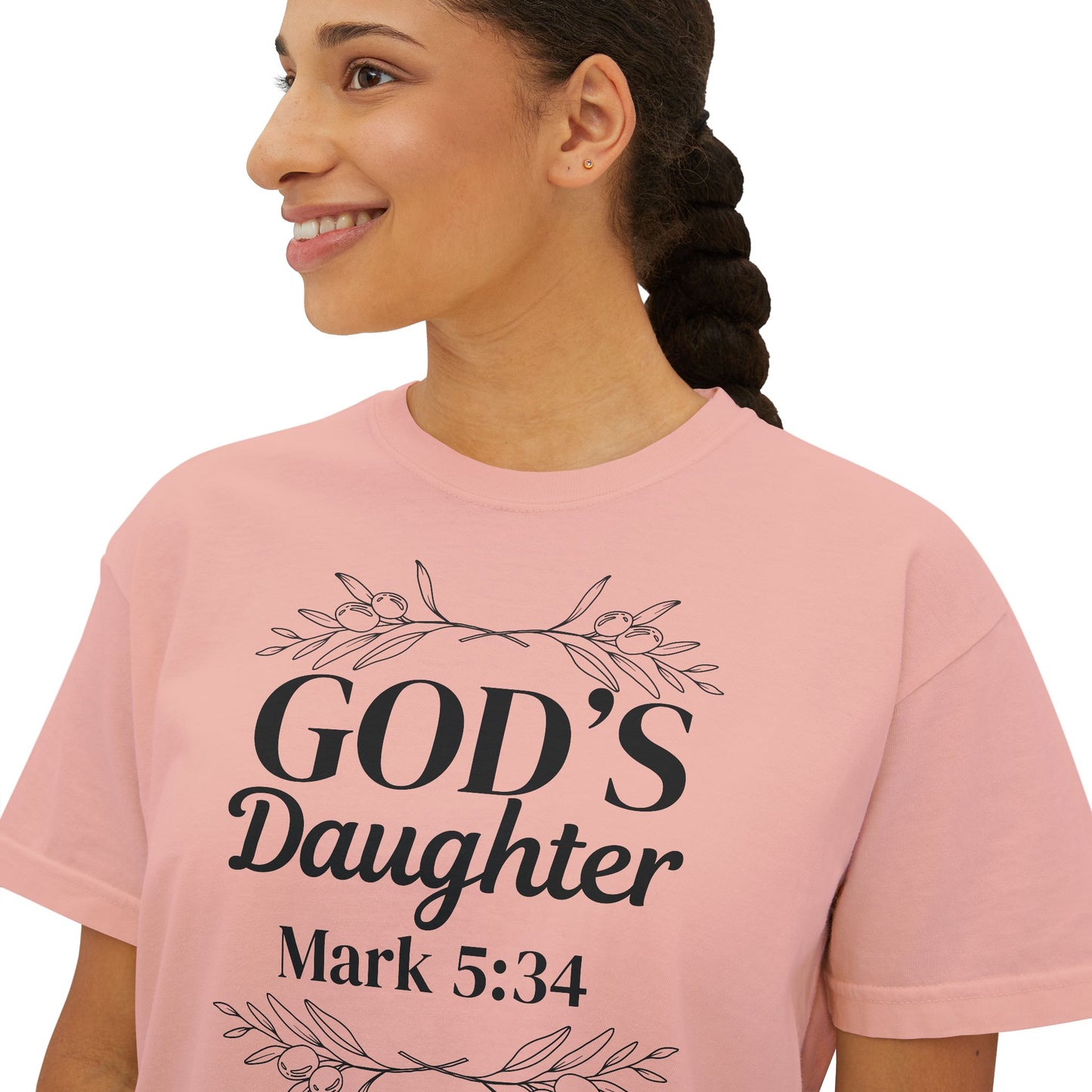 God's Daughter Boxy Tee — Mark 5:34 Faith T‑Shirt