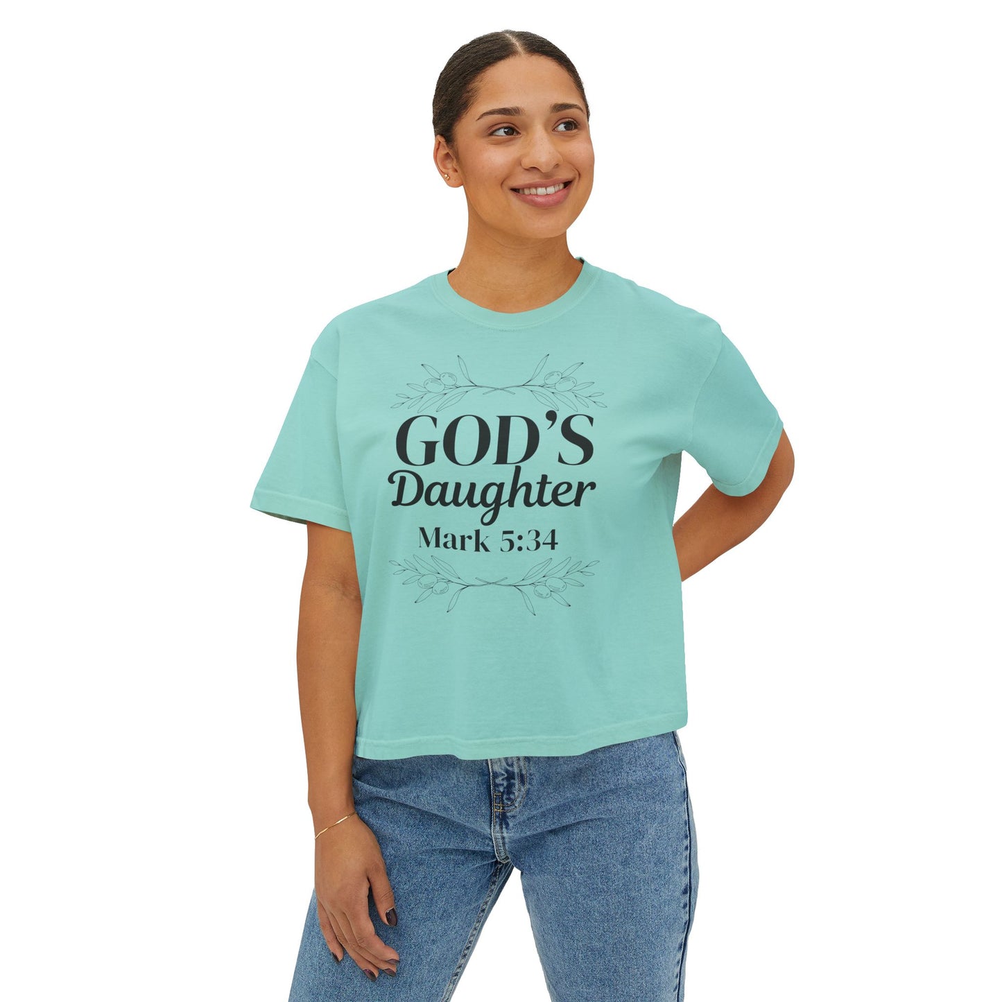 God's Daughter Boxy Tee — Mark 5:34 Faith T‑Shirt