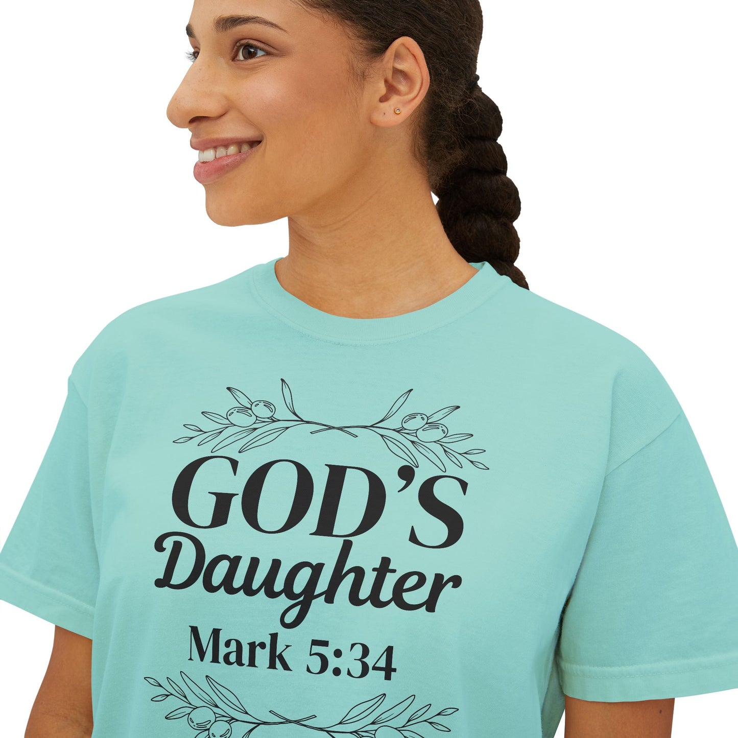 God's Daughter Boxy Tee — Mark 5:34 Faith T‑Shirt